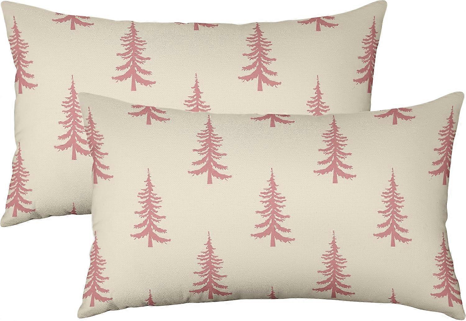 Noel Ağacı Bel Yastığı Kılıfları 12x20 2'li Set Açık Pembe Rustik Xmas Dekorasyon Baskı Dış Mekan Dekoratif Atma Yastıkları Kış Yastık Kılıfları Keten C