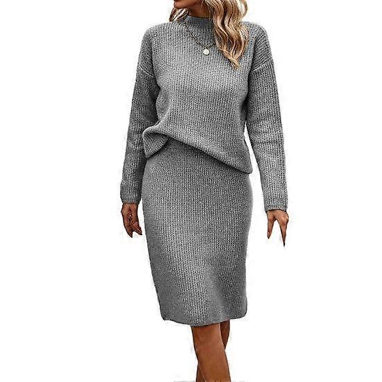 2 Pcs/Set Sweater Skirt Suit Knit Thick Warm Soft Solid Color Long Sleeve Half-high Collar Cold Resistant Slit Hem Elastic Casual Commute Knee