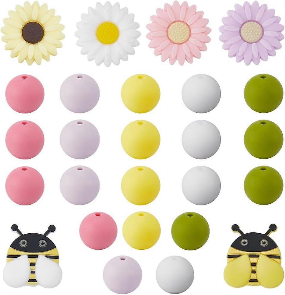 56PCS 11 Styles 15mm Silicone Round Beads Flower Focal Beads Cute Daisy Bee Animal Chunky Soft Rubber Loose Spacer Bead Bulk for Beadable Pens Keychai