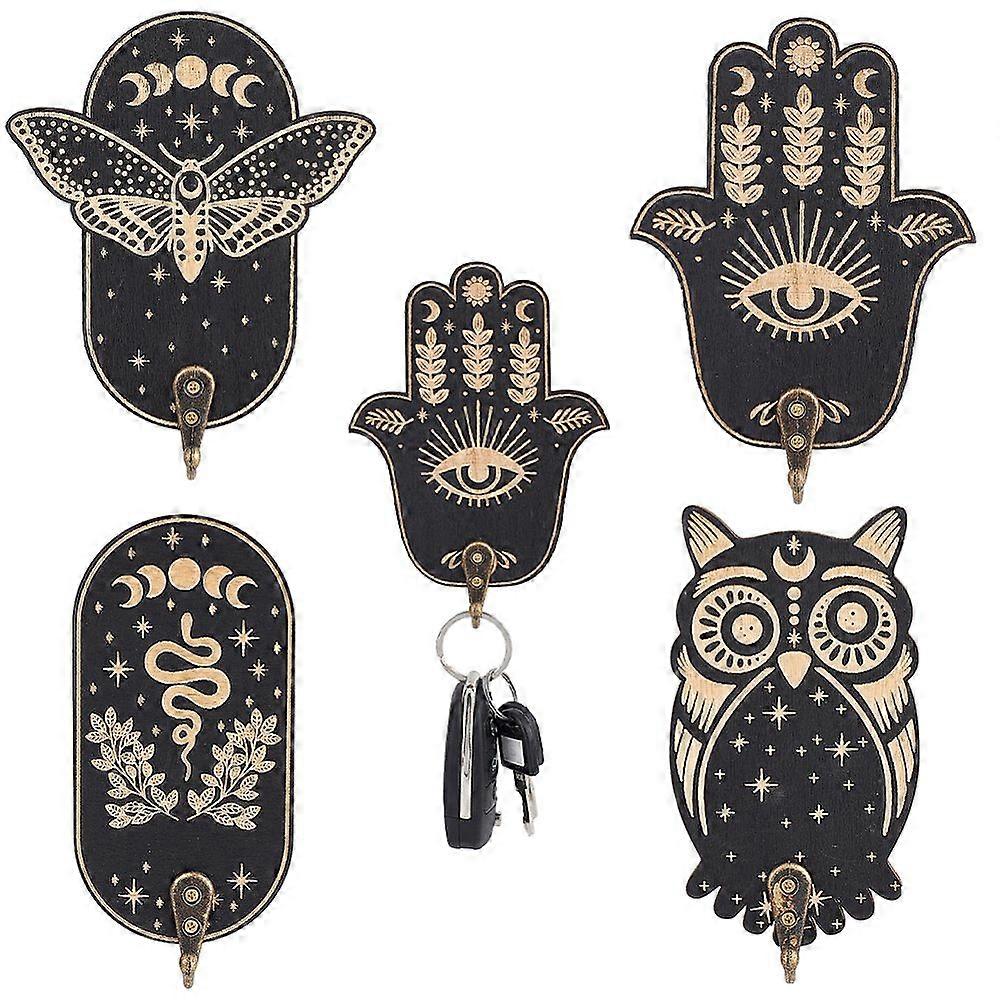 4Pc 4 Styles Wood Wall Hook Hangers with Alloy Findings for Wall Decoration Hamsa Hand/Owl/Moth Mixed Shapes 132~137x64~110x26~27mm 1pc/style