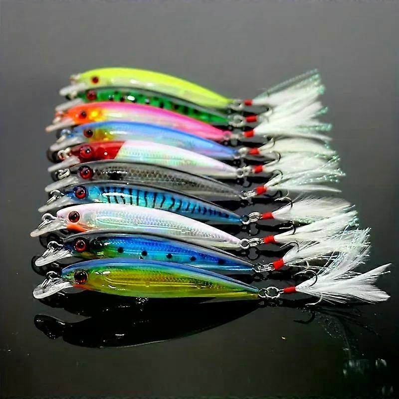10PCS LARGER 9cm/7g Artificial Minnow Fishing Lures Set With Feather Hook For Faster Bass Catch Fishing Lures Kit