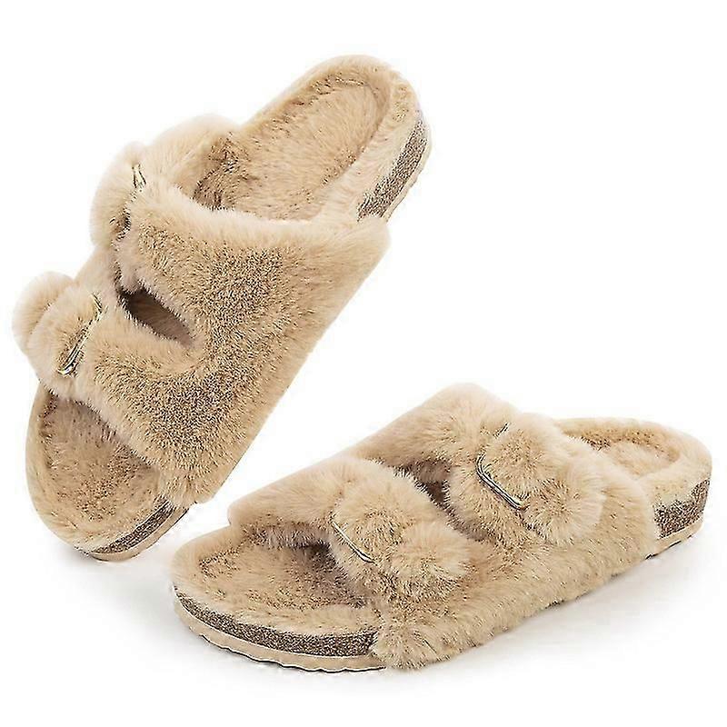 Womens Open Toe Slipper, Faux Rabbit Fur Cork Slide Sandals