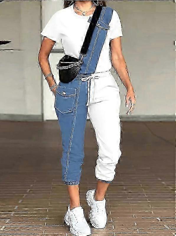 "2 Piece Women's Casual Colorblock Crew Neck Short Sleeve Top With Drawstring Pant"