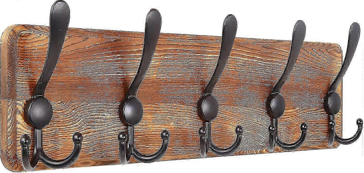 Brown Solid Wood Wall-Mounted Coat Rack with 5 Triple Hooks for Bathroom Jackets