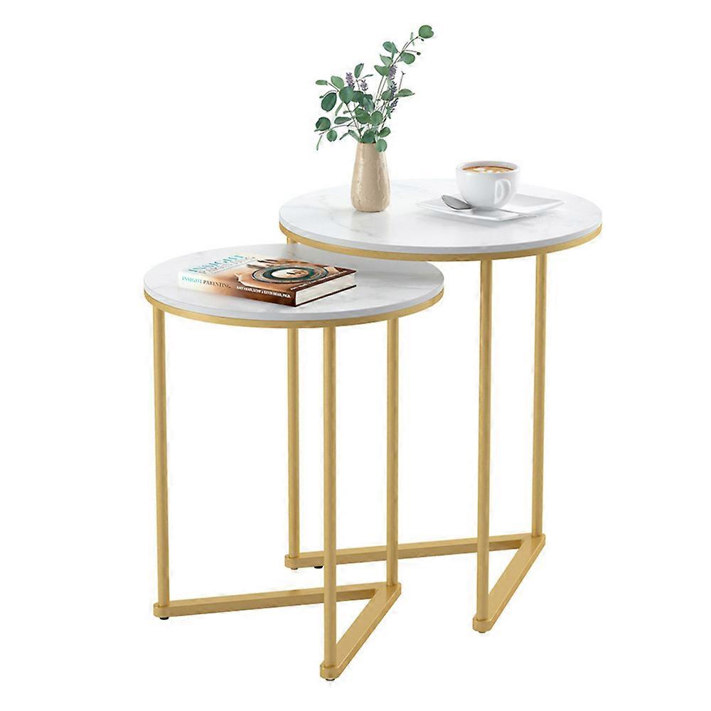 Round Nesting Coffee Table Set of 2 Marble Stacking End Side Table with Golden Metal Legs