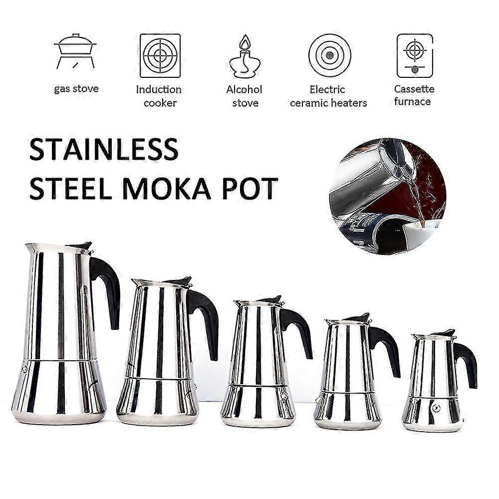 Stainless Steel Moka Pot Espresso Maker with 2 to 12 Cup Capacity and Stove Top Percolation