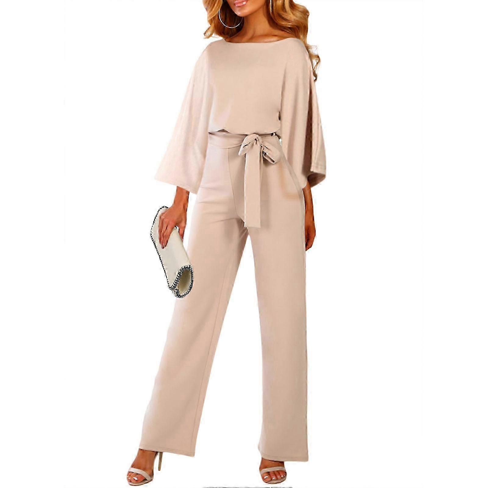 Pagliaccetto a gamba larga Colore puro Maniche a tre quarti con cintura Tuta a vita alta per le donne autunnali Albicocca XL