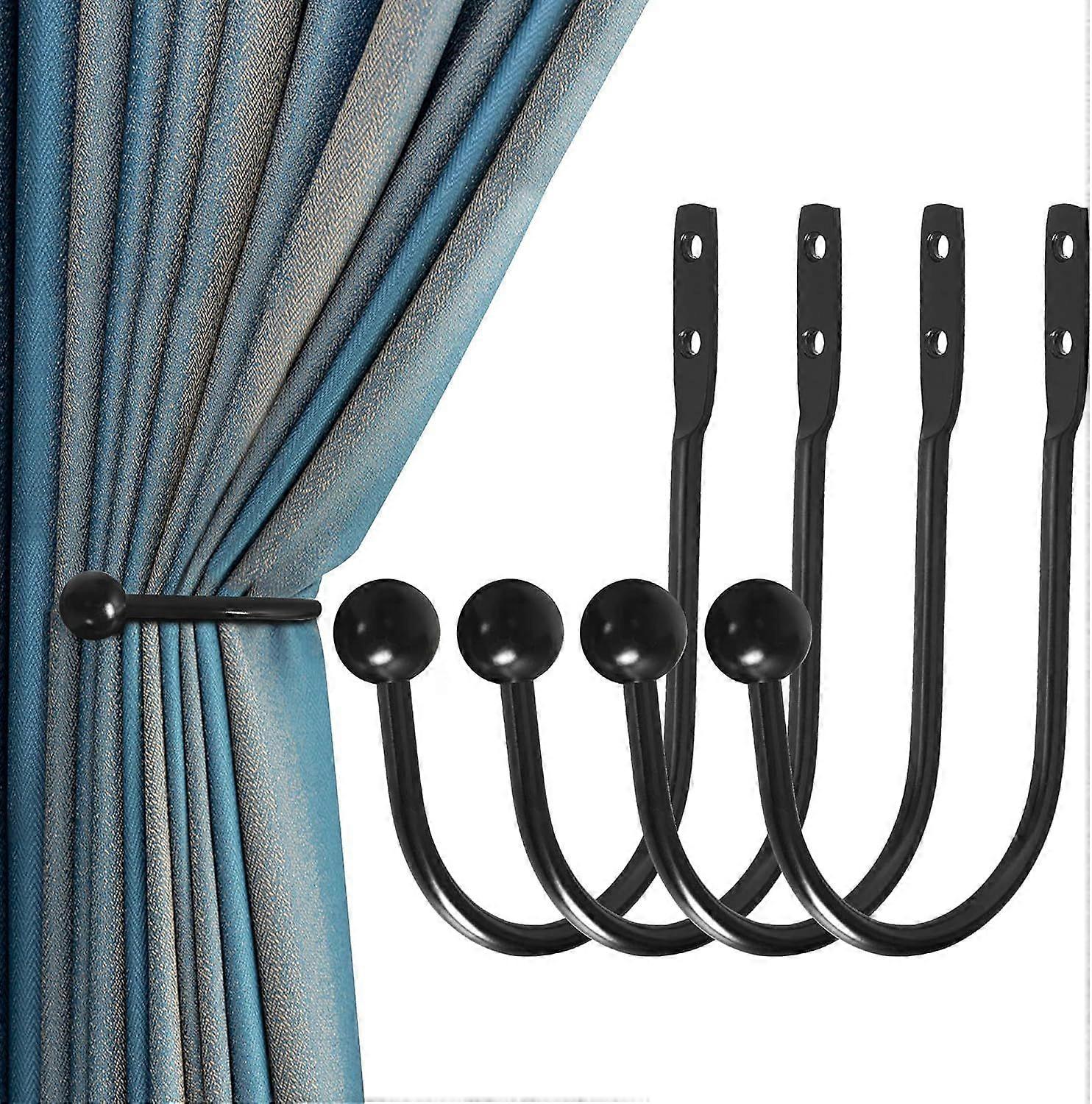 5 Pcs Black Wall Mounted Drapery Tiebacks with Screws, Heavy Duty Metal Decorative Window Drapery Holder Curtain Hook