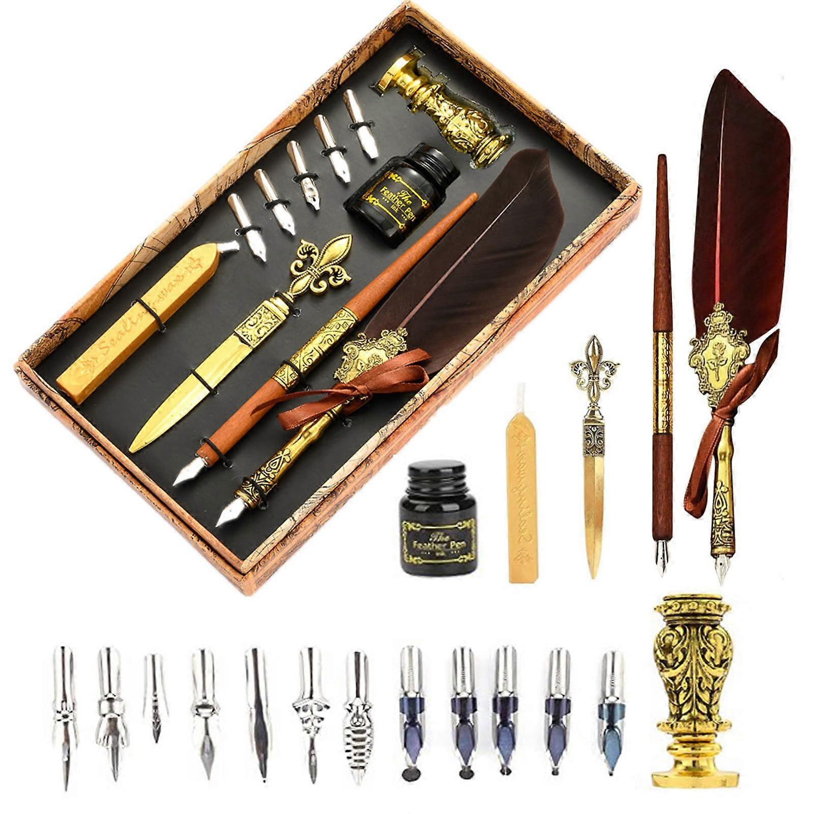 Calligraphy Set for Beginners, Inclued Antique Sealing Wax Kit, Wooden Dip Pen, 17 Nibs, Pen Stand, Wax Stamp, Brown