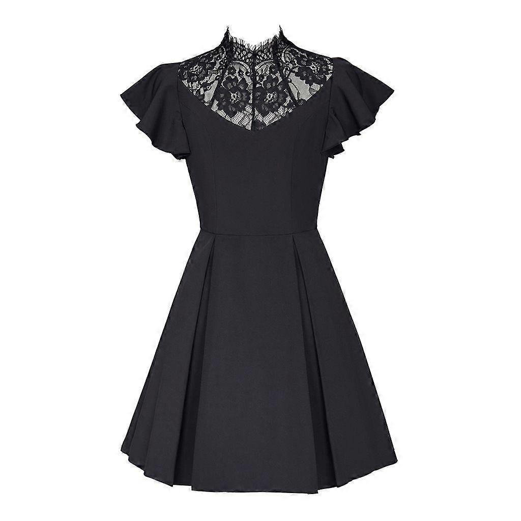 Vintage Gothic Lace Patchwork Dress Black High Neck Flutter Sleeve Retro  Skater Dress for Women | Fruugo UK