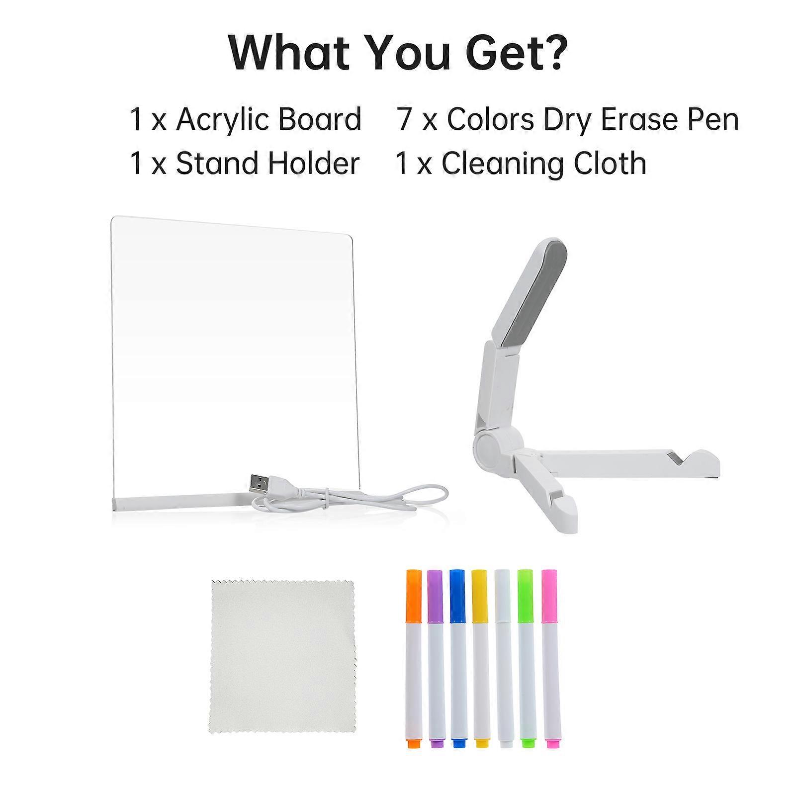 Tableau effaçable à sec en acrylique avec lumière 15x15cm Tableau d’écriture pour bureau Note Mémo tableau blanc Bloc-notes Tableaux de massage de lettres LED réutilisables pour la création personnelle