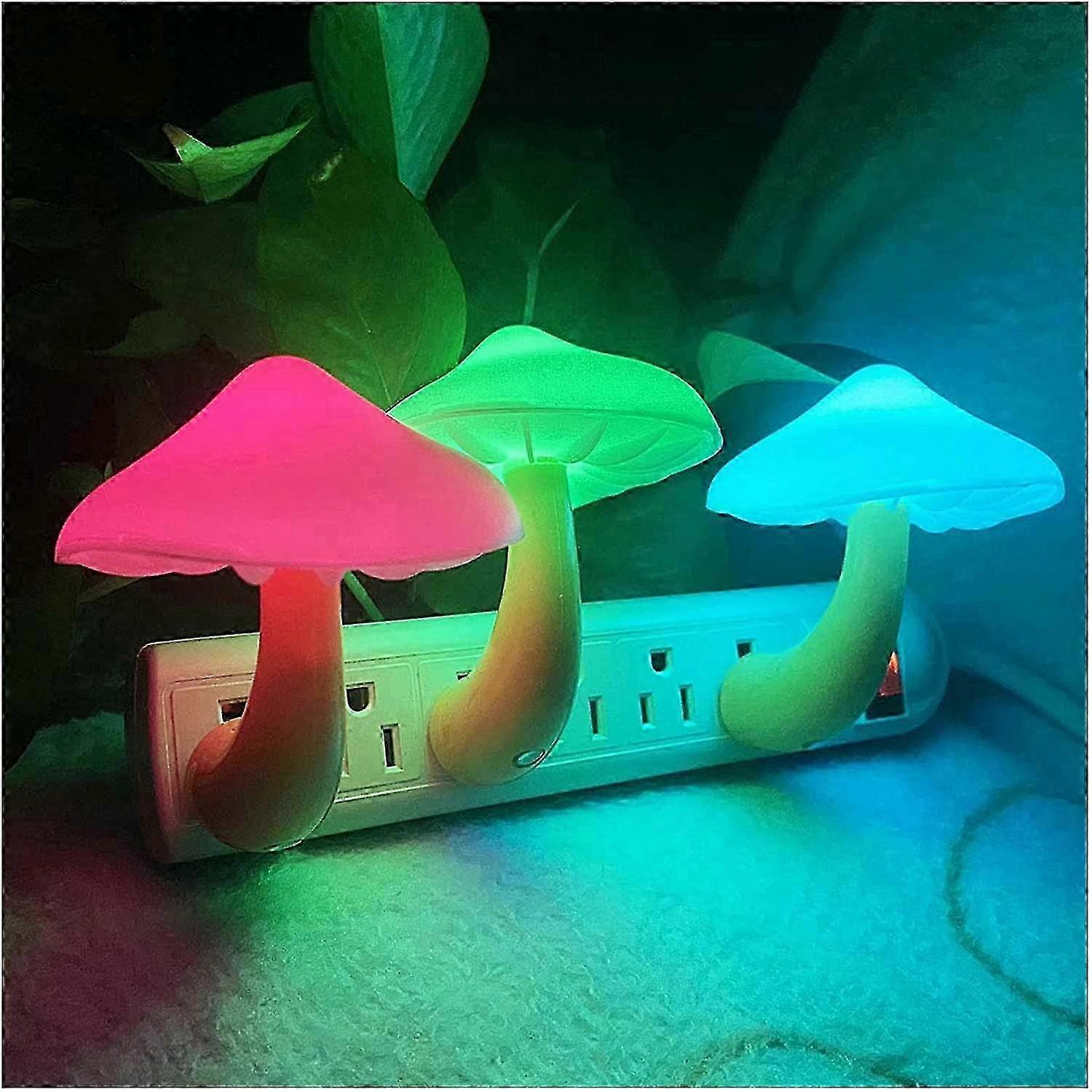 3 Pack Plug-In LED Mushroom Night Light with Sensor, Features 7 Colors for Nighttime Use