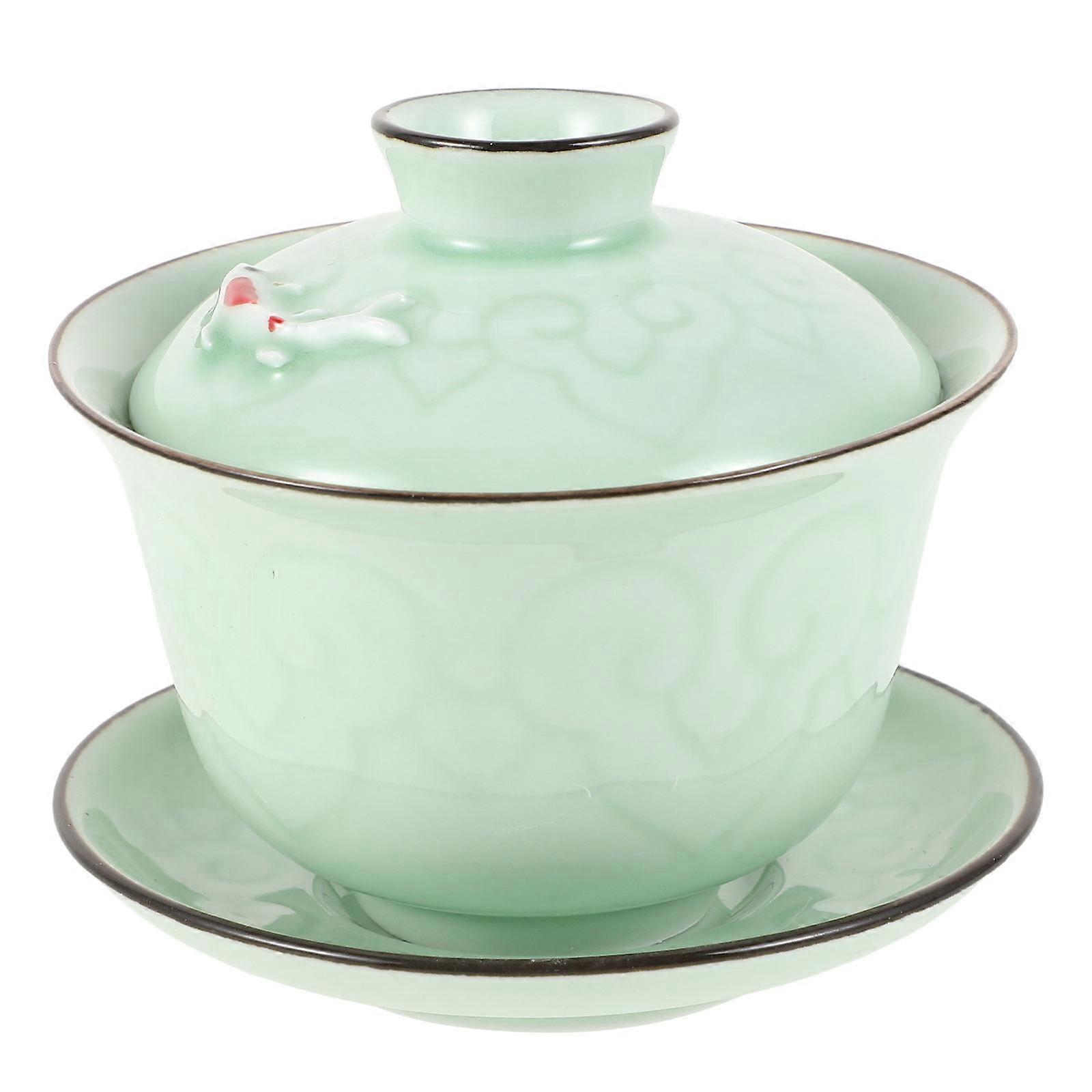 Porcelain Tea Cup With Lid Ceramic Tea Bowl For Chinese Tea Ceremony Light Green 9.00X9.00X8.00CM Brewing Loose Leaf Tea 1Set