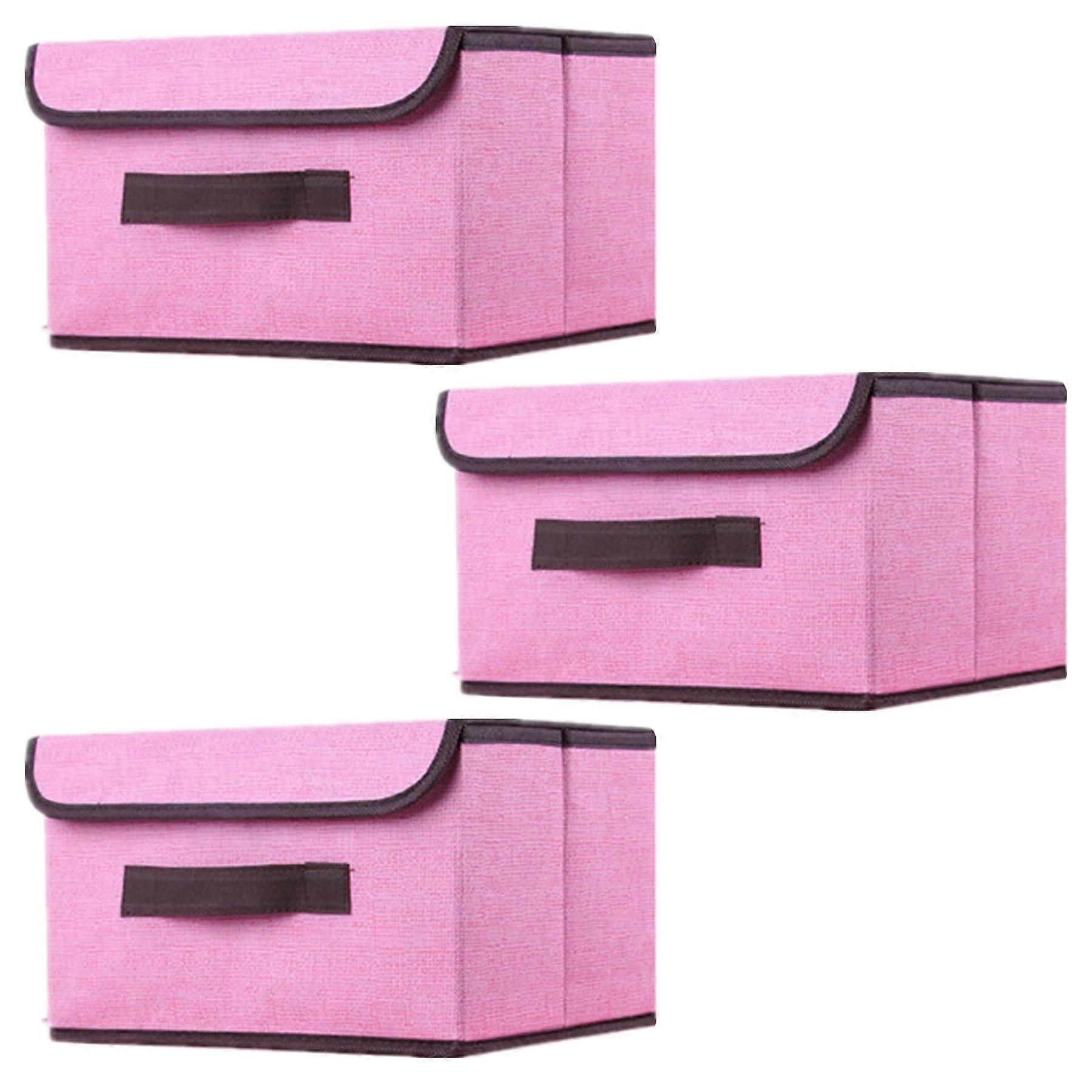 3 Pink Foldable Storage Boxes with Lids, 26x19x16 cm Linen Fabric Bins for Clothes and Blankets, Home Organization Solutions