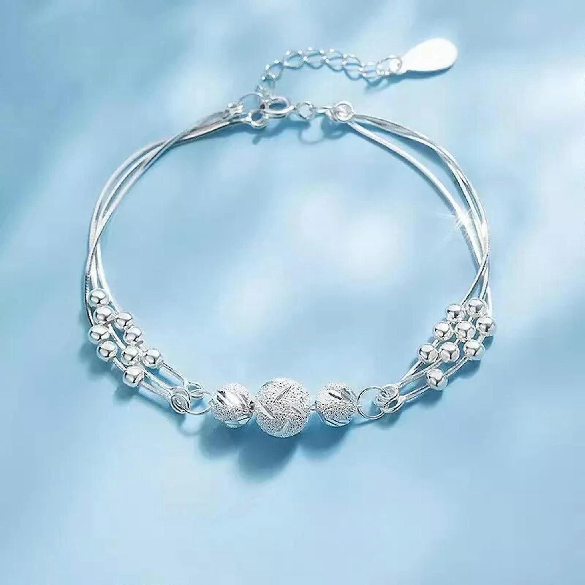 925 Sterling Silver Multi-Layer Flower Girl Transient Beaded Bracelet Chain, Adjustable Size, Elegant Style