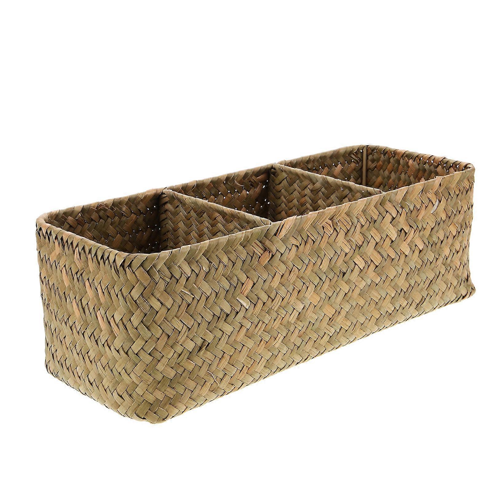 Natural Three Compartment Woven Basket Desktop Organizer Box Handwoven Storage Bin for Cosmetics Stationery and Home Essentials Lightweight Multi