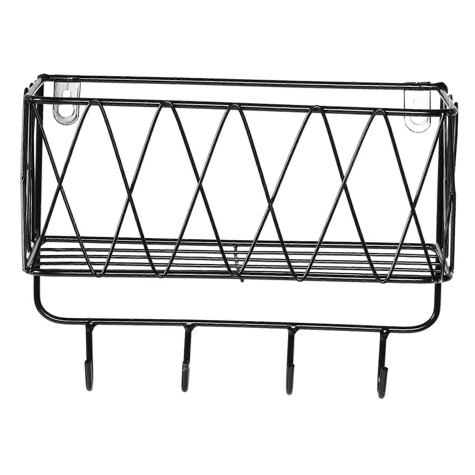 Multifunctional Wall Shelf Post Holder with Hooks Black Iron