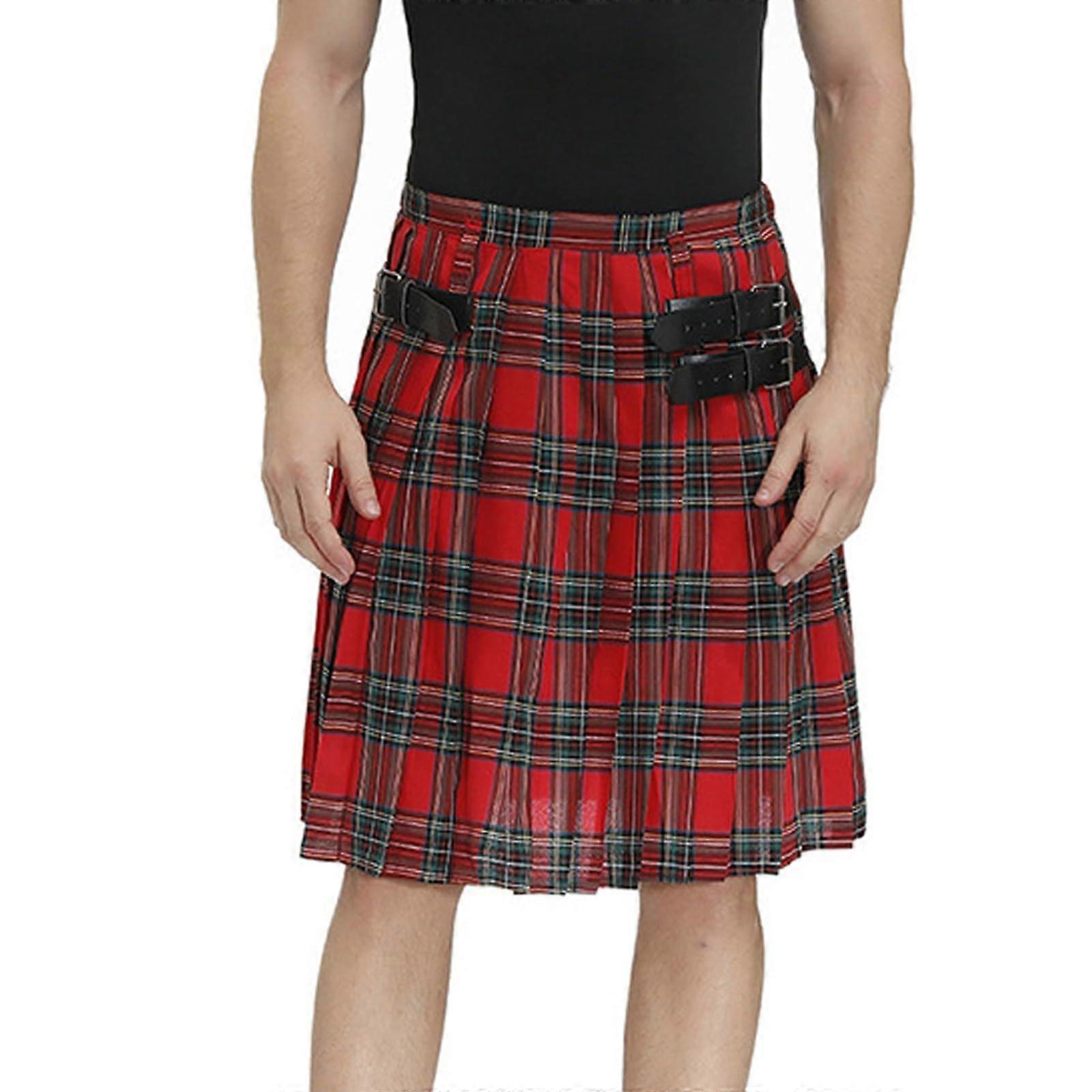 Men's Checked Kilt Mini Skirt with Pockets, Striped Pleated Highland Tartan Streetwear Costume, Size M