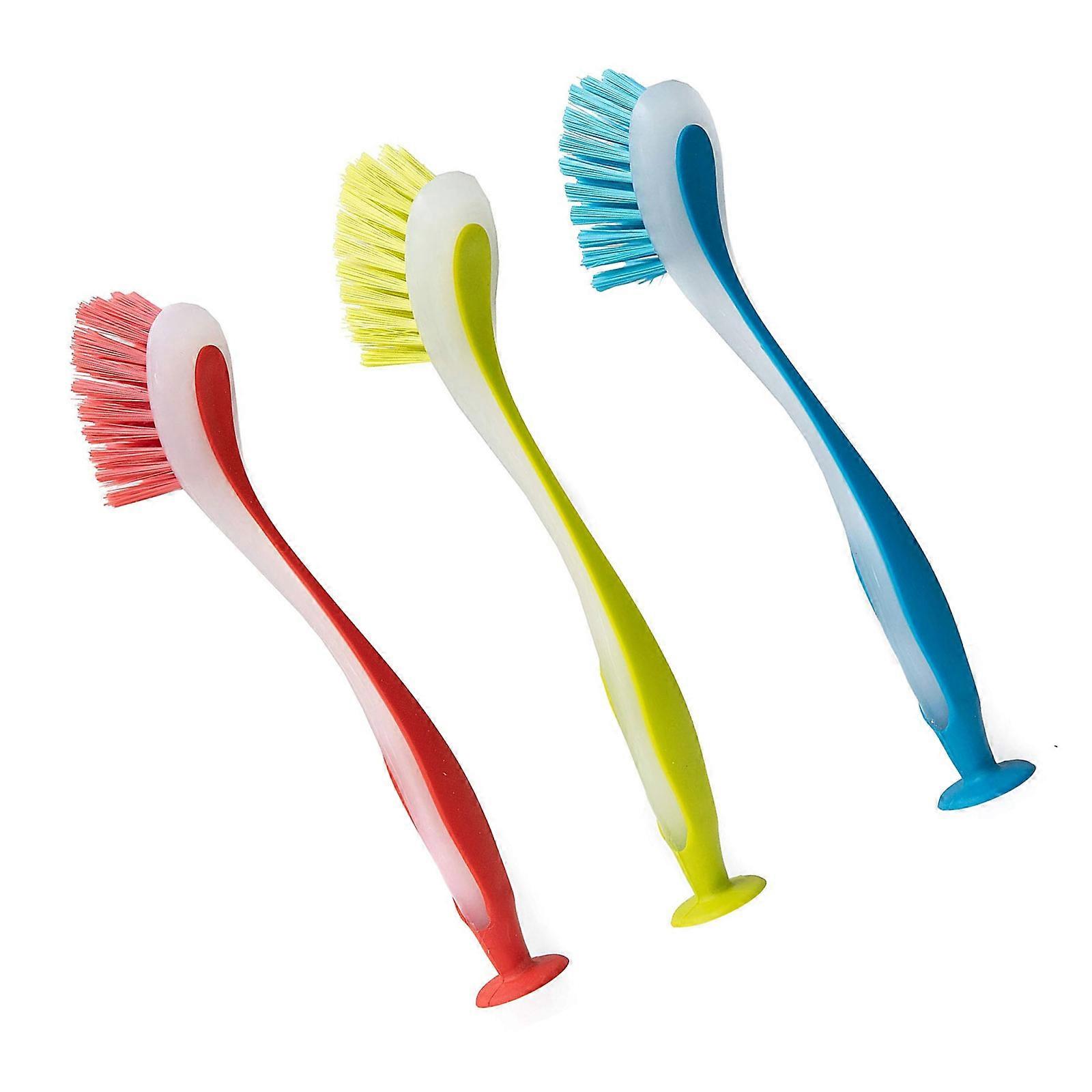 Set of 3 Practical Dish Scrubbers With Secure Suction Base Long Handle Kitchen Washing Brushes For Efficient Cleaning Multicolor