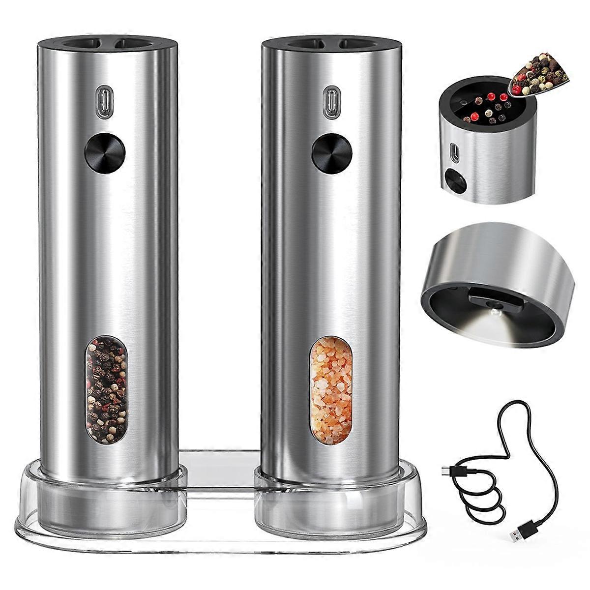Rechargeable Electric Salt and Pepper Grinder Set with Base,Automatic Stainless Steel Pepper Mill Grinders110ml Containe