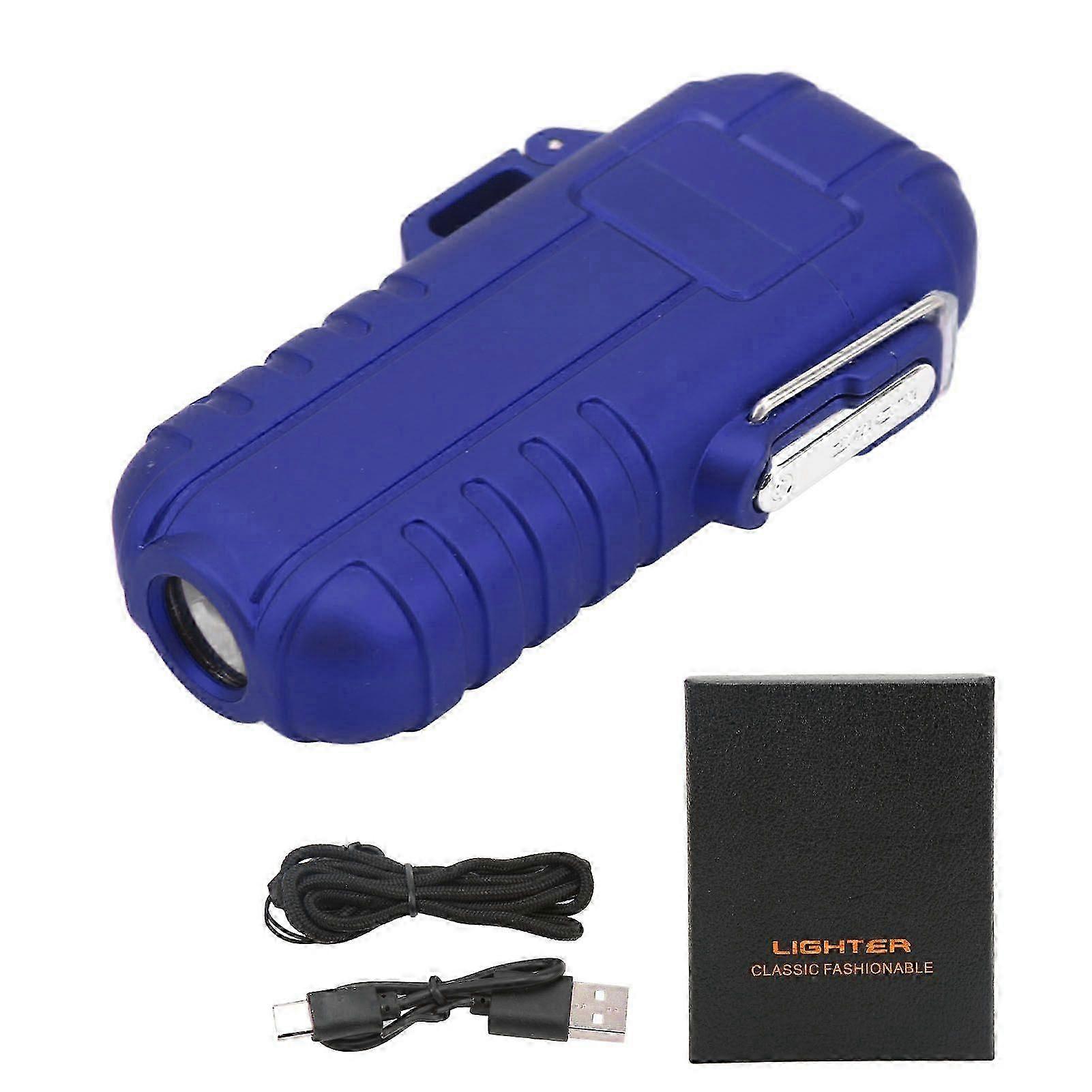 Outdoor Double Arc Electric Lighter Portable Waterproof Flashlight Lighter Charging Pulse Windproof Lighter Blue