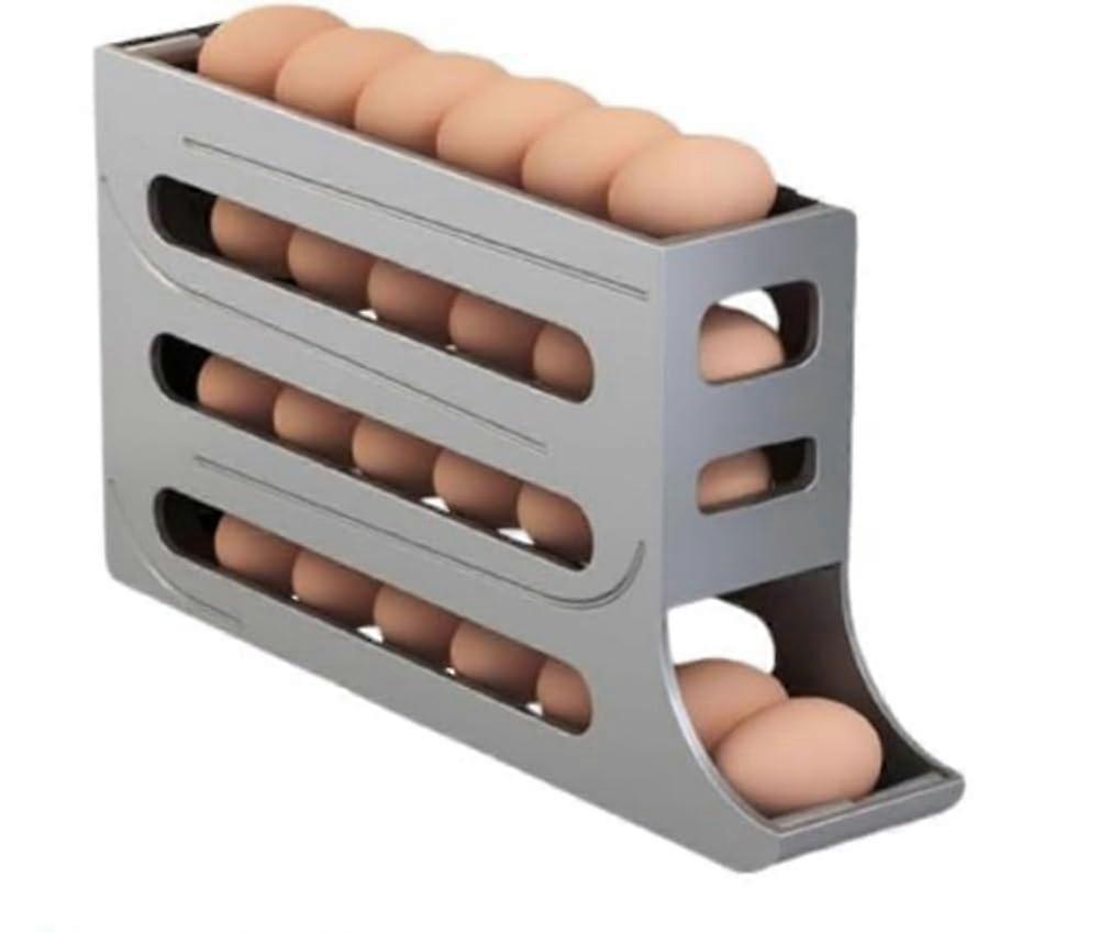 Egg Dispenser 4-Level Sliding Tilt, Automatic Roll Egg Box, 30-Egg Capacity, Gray Space-Saving Egg Rack, Unit Size