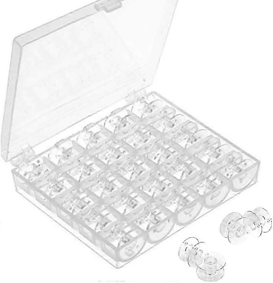 Transparent Plastic Sewing Bobbin Spools, 25 Pack with Storage Box