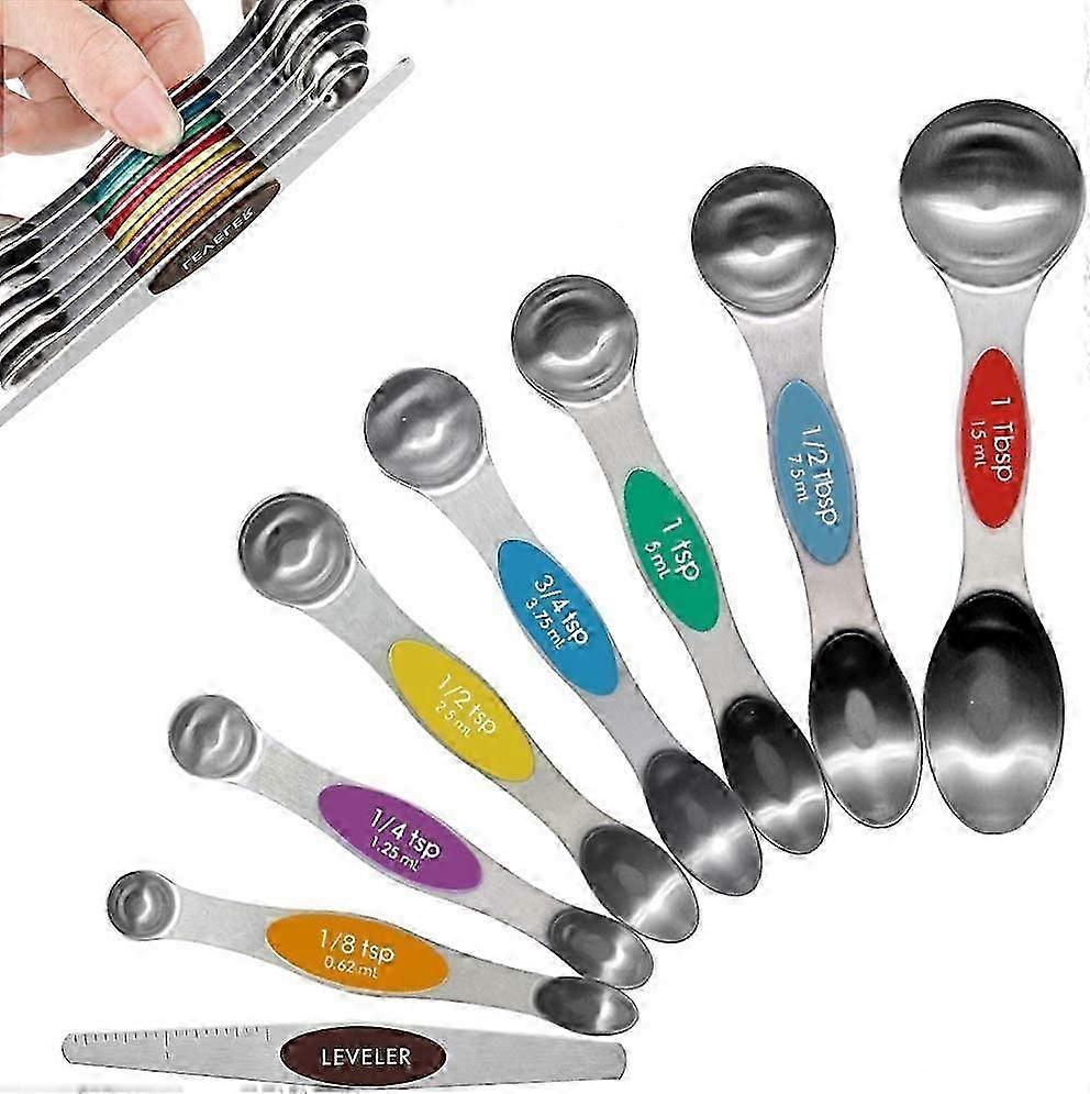 Measuring Spoons with Strong Magnets, Set of 8 Stainless Steel Measuring Spoons with Leveler, Double-Ended Metal Teaspoon and Tablespoon for Dry and L