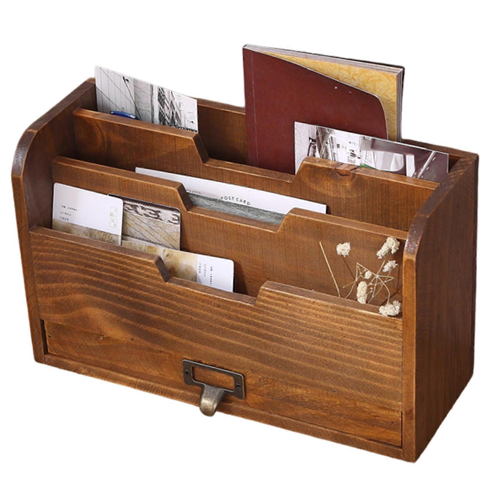 Letter Rack Wooden Desktop Organizer With Drawer, 3 Compartments, Holds Mail, Folders, Envelopes, Brown