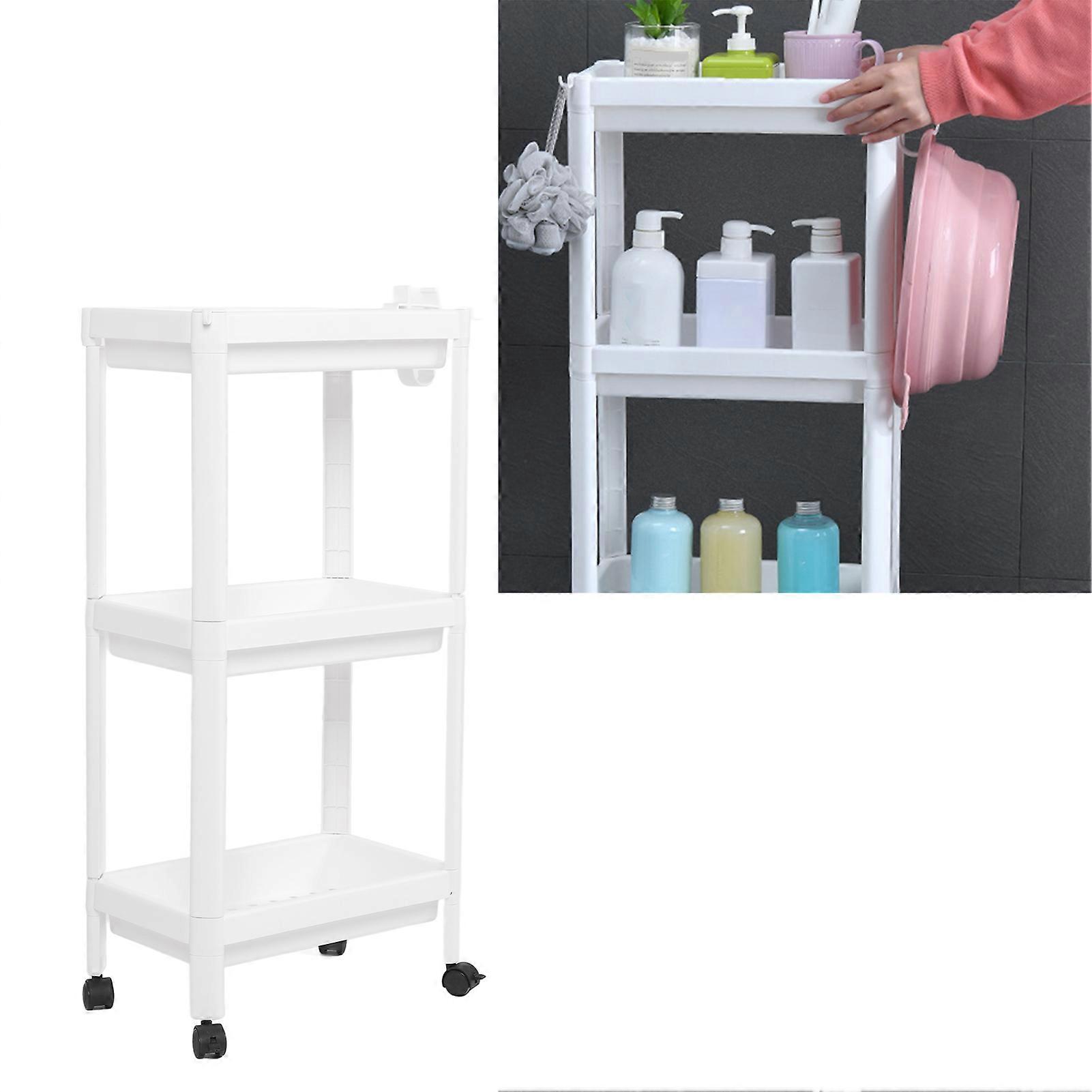 Bathroom Tower Shelf White 3 Layers Plastic Storage Rack with Wheels