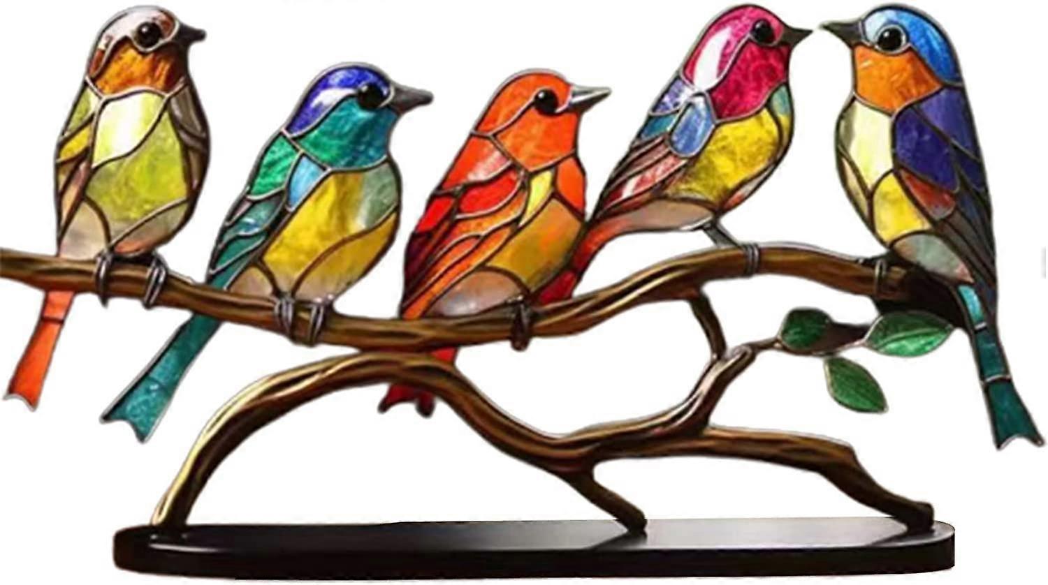 Stained Glass Birds on Branch Desktop Ornaments Double Sided Multicolor Alloy 5 Birds Color Hummingbird Gift