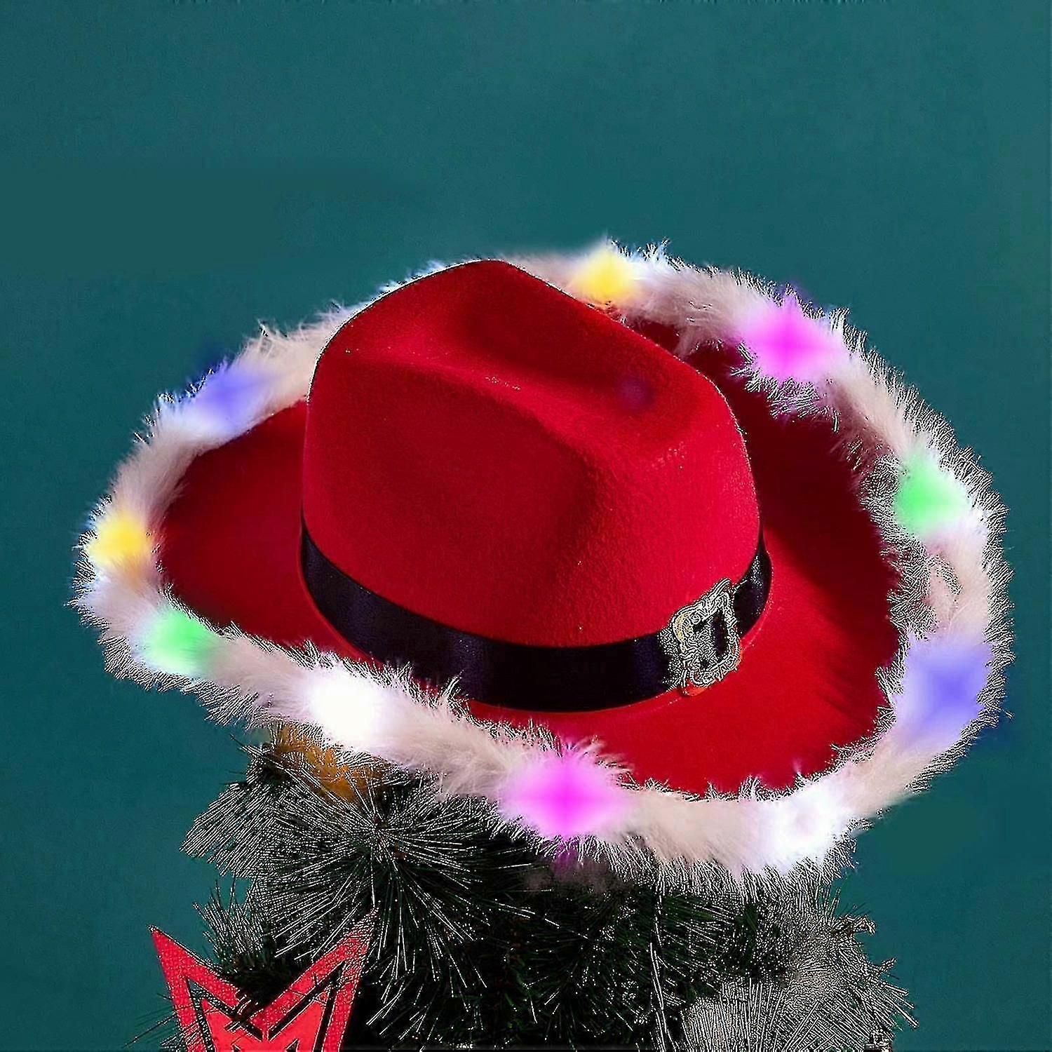 Led Red And White Christmas Cowboy Hat Santa Claus Western Holiday Hat Cowboy Santa Hat Flashing Wes