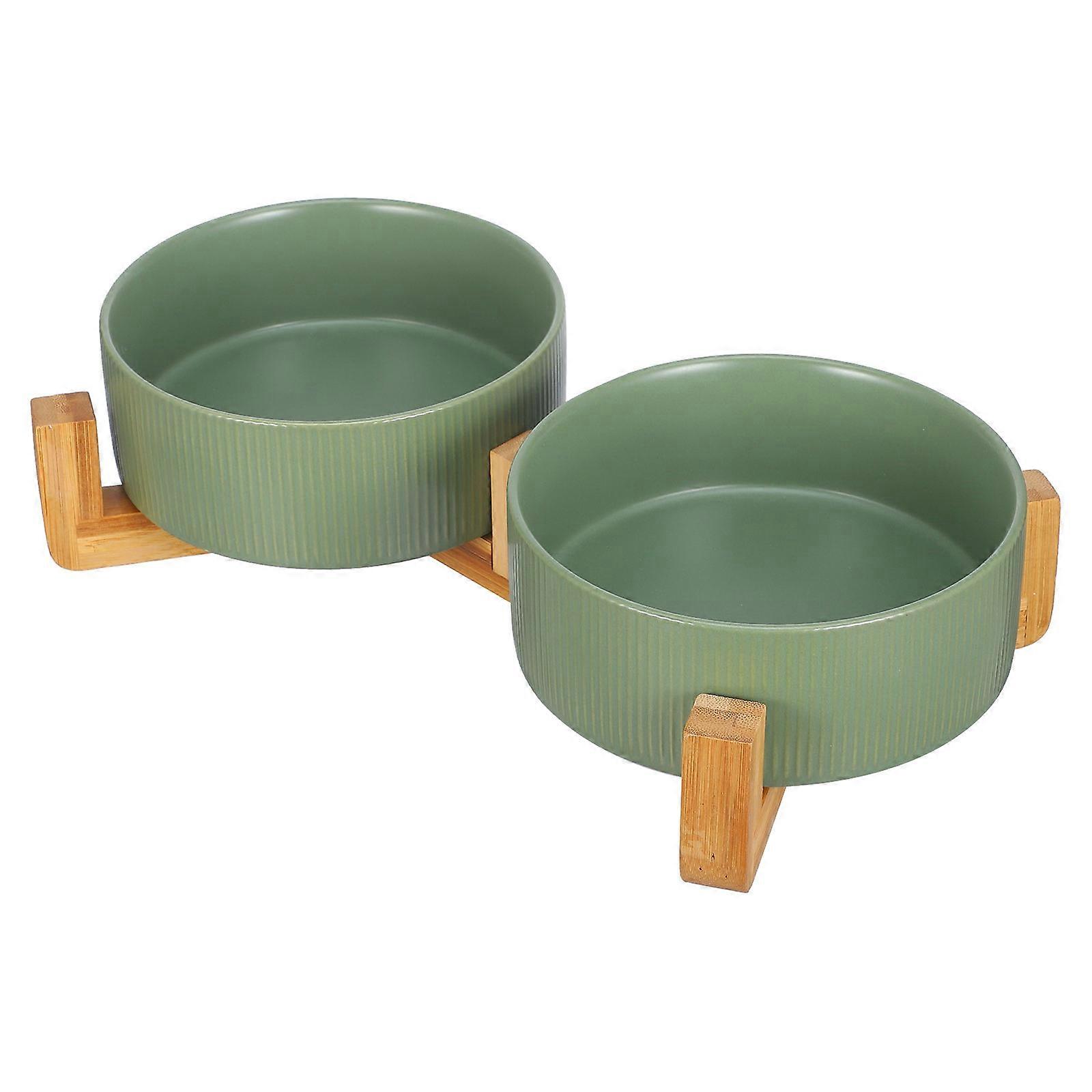 Wooden Frame Ceramic Cat Feeder for Stable Feeding 1Set of Double Bowls