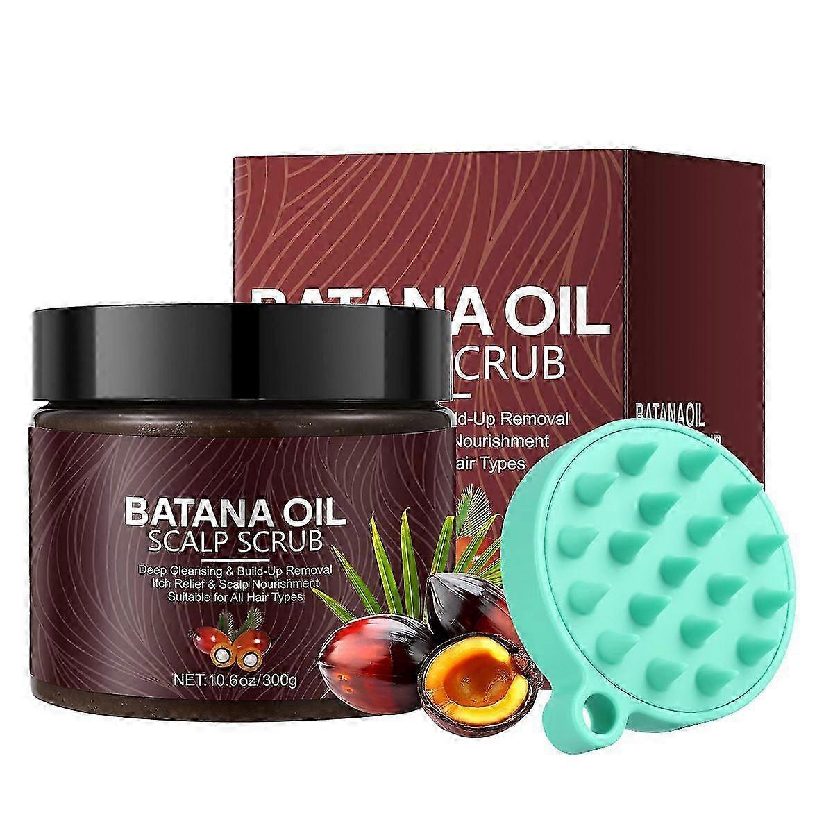 Scalp Scrub with Batana Oil, 2-in-1 Shampoo Scalp Exfoliator for Hair Treatment, Includes Silicone Scalp Massager, Removes Buildup & Dandruff, 10.6oz