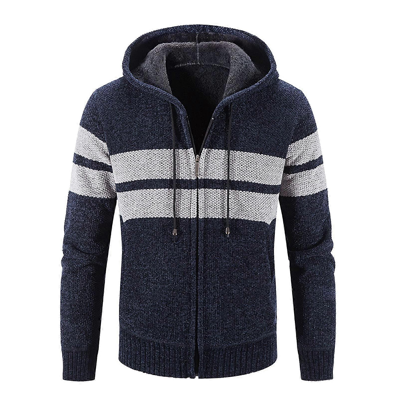 Hooded Pullover for Men, Plain Knitted Jumper, Slim Fit, Navy, Size L, Thin Fleece Jacket, Autumn Spring Transition