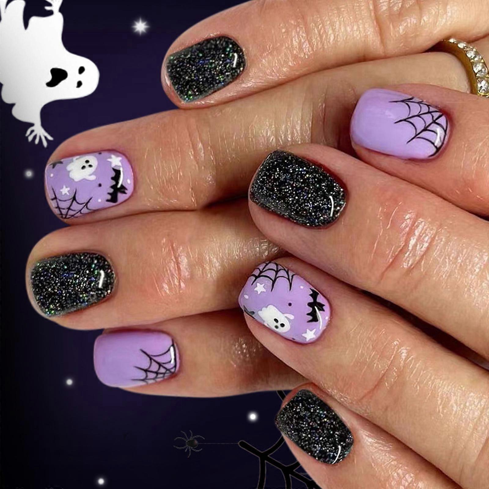 24pcs Halloween Press On Nails Cobweb Patterns With Eerie Bat Shadows Dark Theme Nails Art Accessories Multicolor