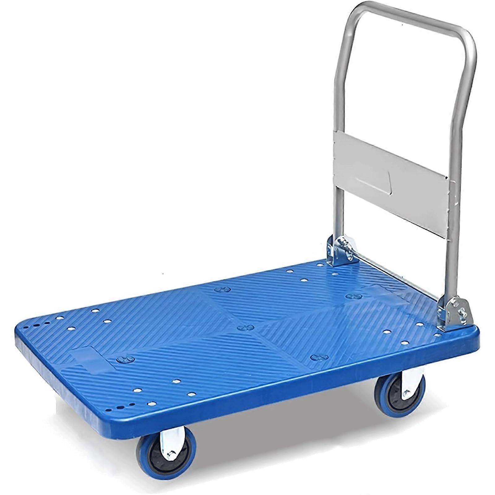 Rolling Flatbed Push Cart Dolly with Quiet Wheels, Foldable Handle, Heavy Duty Plastic Platform Trolley 60x90cm for Warehouse and Moving