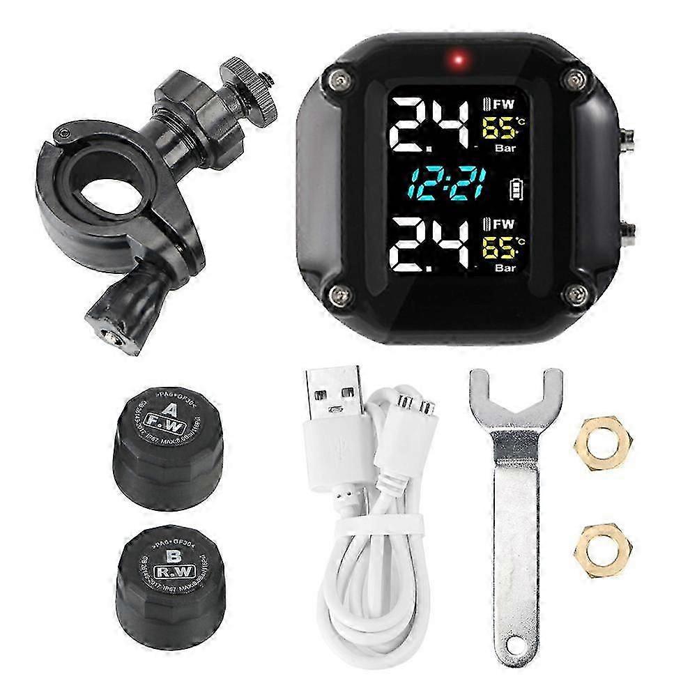 Motorcycle TPMS Tire Pressure Monitoring System With 2 Exteral Sensors USB Charger Tyre Temperature Alarm Kit Motor Bike Cycle Universal Accessories