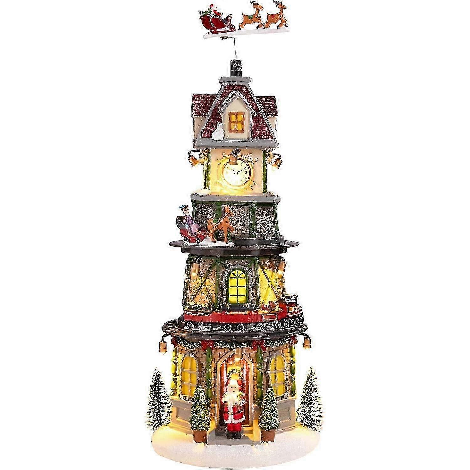 Christmas Village Clock Tower, Rotating with Christmas Reindeer and Railway Train