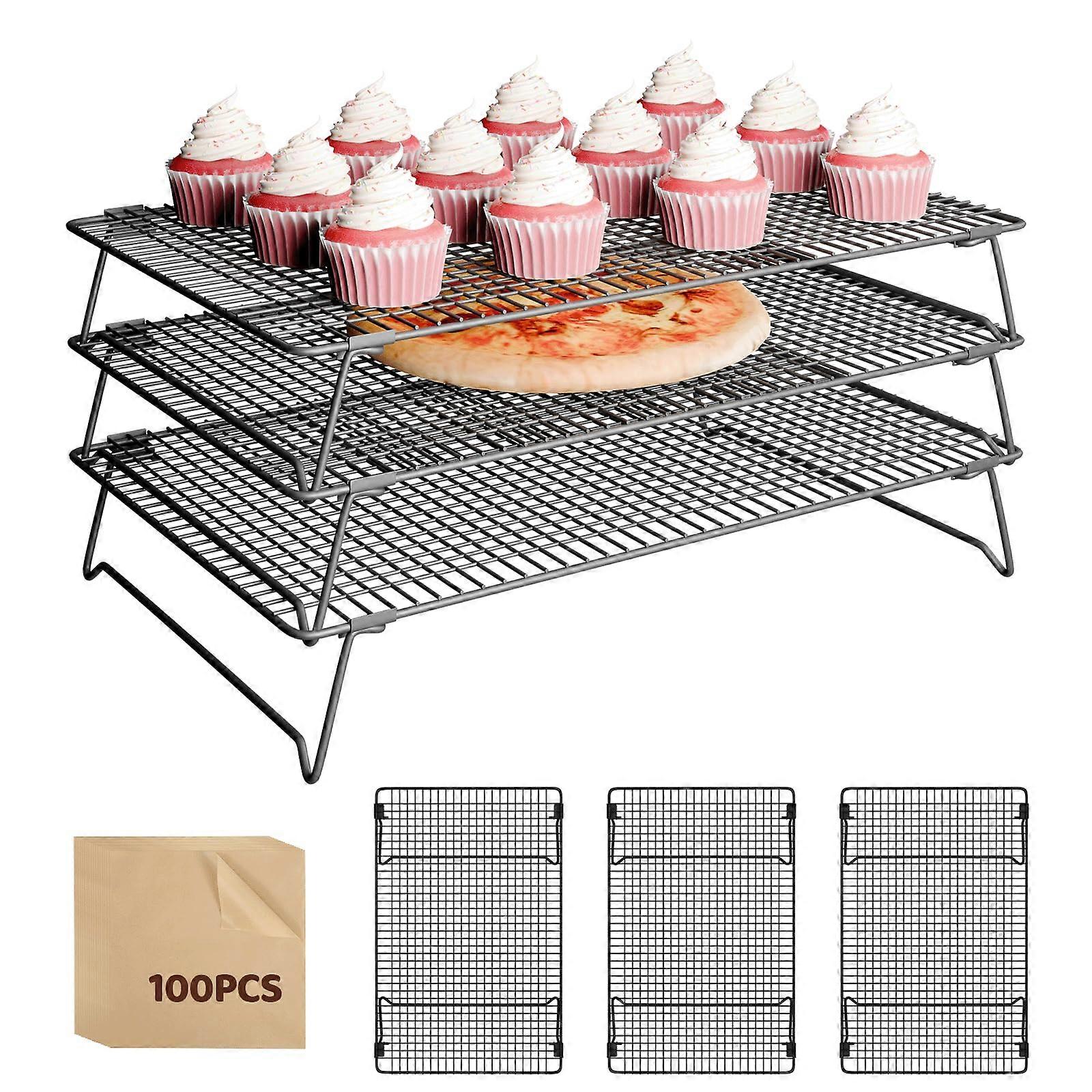 3 Tier Stackable Wire Cooling Rack, Large Foldable Rustproof Baking and Cookie Cooling Stand
