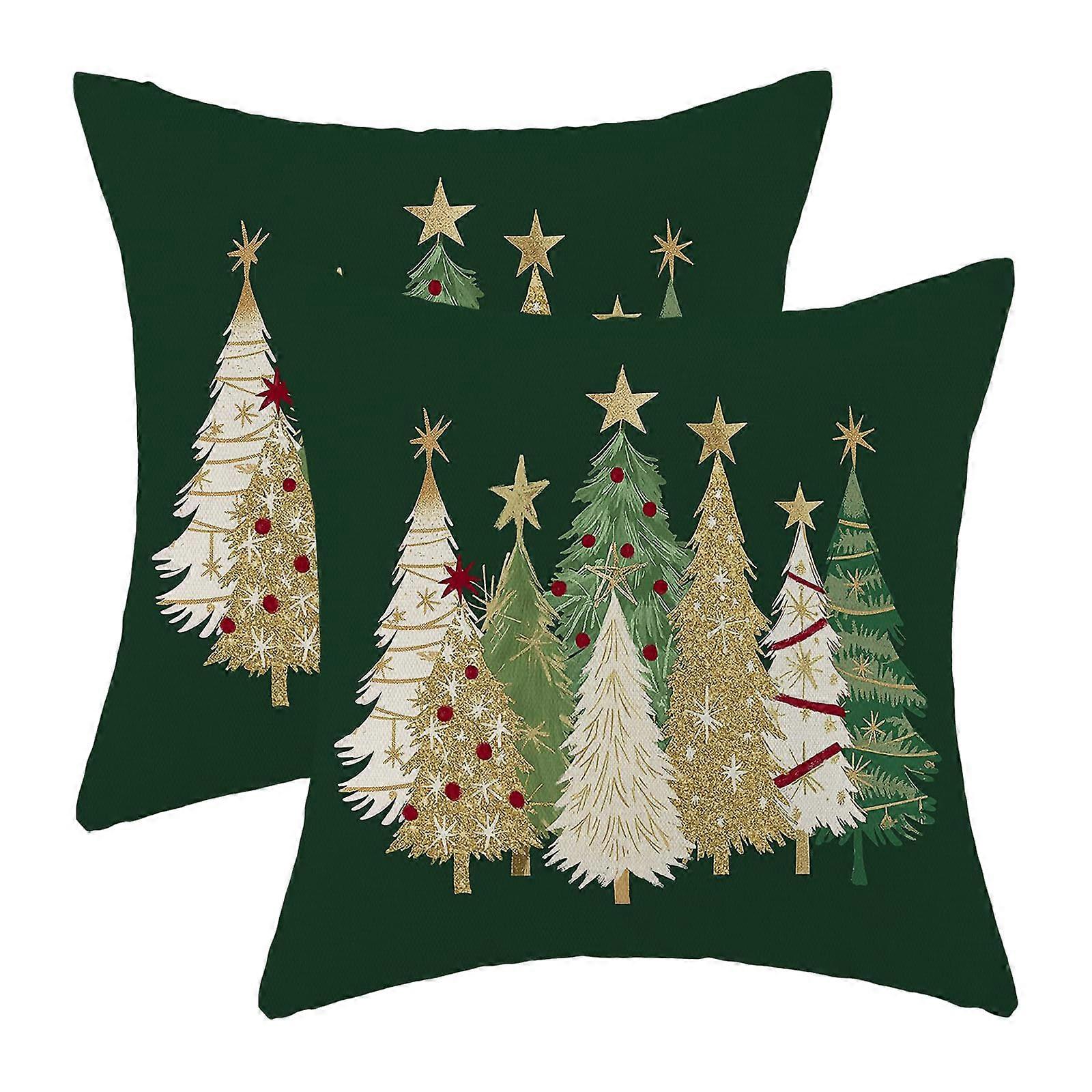 Christmas Pillow Covers 16x16 Set of 2 Sage Green Cream Festive Tree Durable Linen for Sofa and Bed