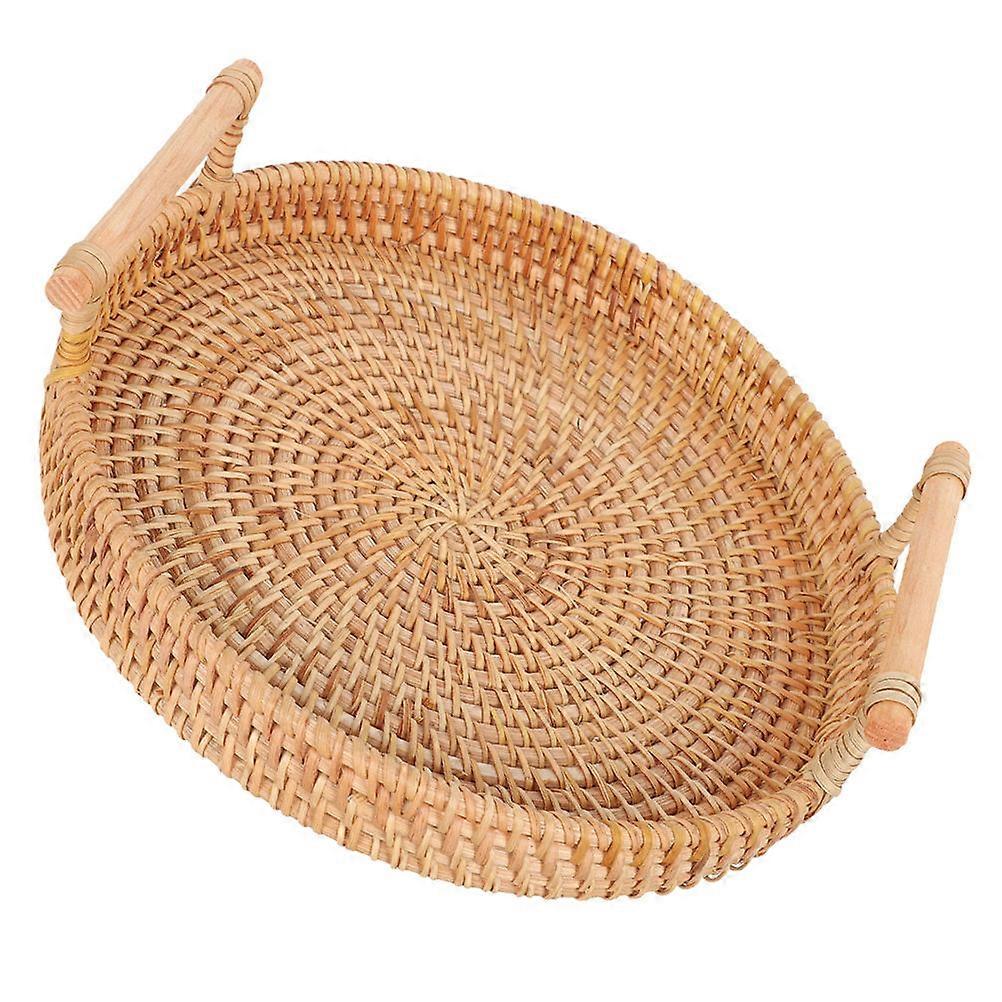 Beige Rattan Platter Basket for Serving with Handles Round Tray for Storage Use