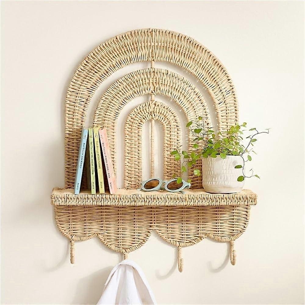 Rattan Wall Shelf with Hooks, TripleArch Boho Design, SpaceSaving Floating Storage for Entryway