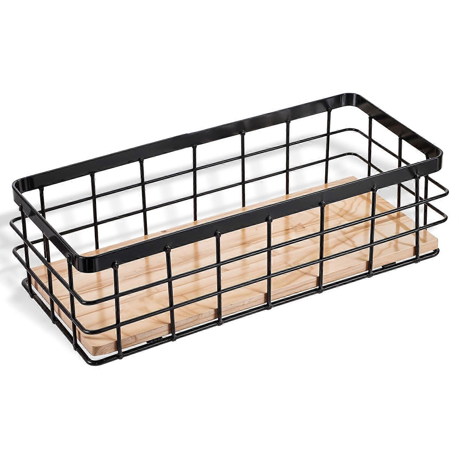 Wire Storage Basket with Wooden Base for Bathroom Kitchen Organization, Small Farmhouse Bin