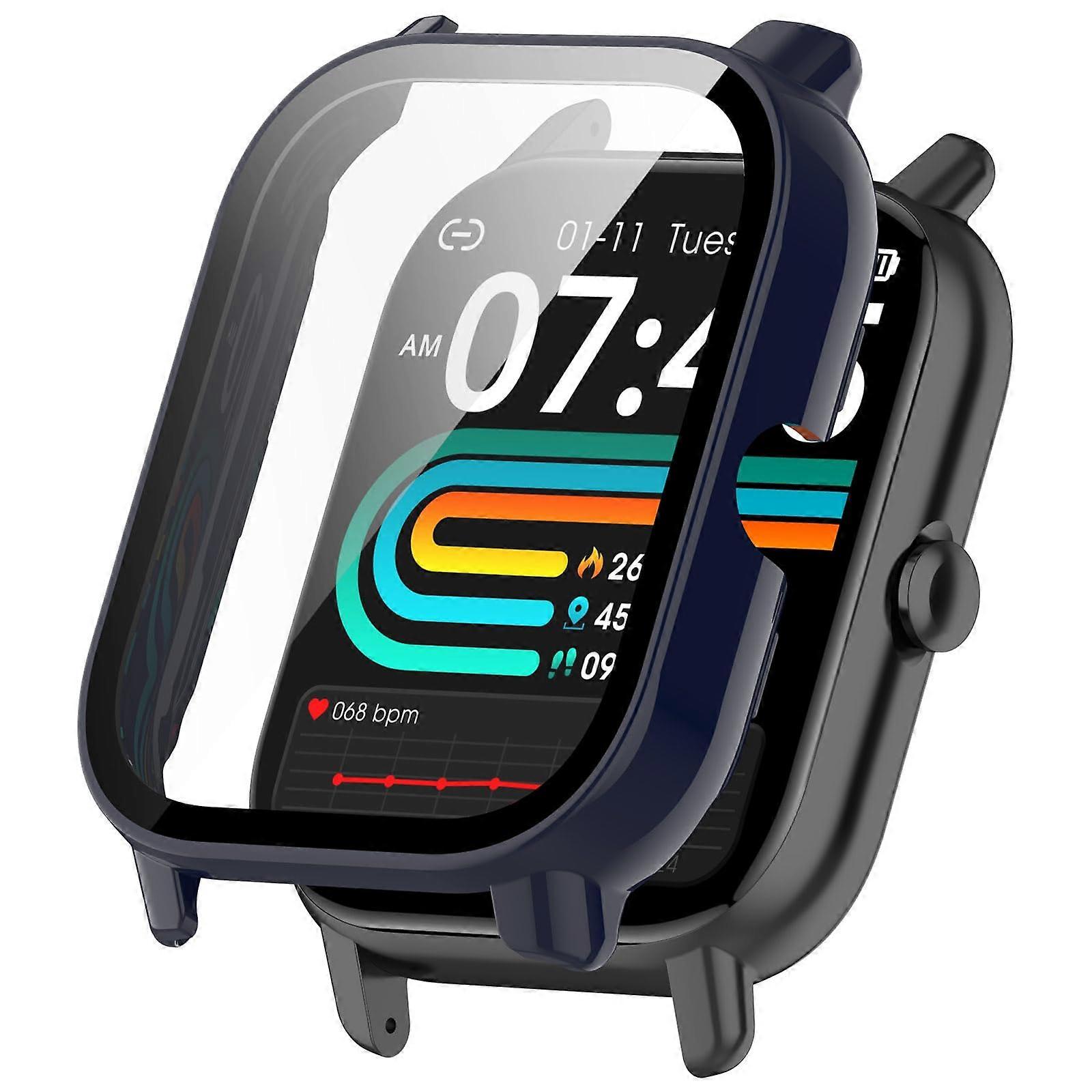 P66D Smart Watch Screen Protector Case 1.85 Inch Blue Full Coverage Tempered Glass Shockproof Cover