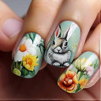 24 Pcs Green Short Square Full Cover False Nail, Easter Rabbits Flowers Press On Nail, Stick on Nail for Women Girls Party Wedding