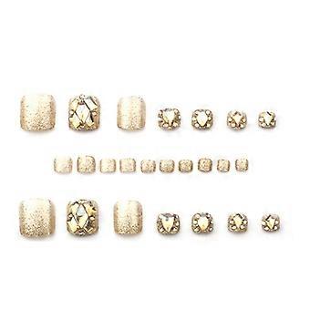 24Pcs Full Cover Fake Toe Nails, Resin, Champagne Gold Rhinestone Shimmering, Ultrathin Breathable Waterproof for Home DIY or Salon