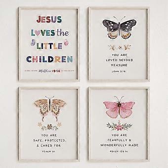 Christian Wall Art Prints Set of 4, Retro Bible Scripture Unframed 8x10 Inch, Jesus Loves Children Butterfly Decor