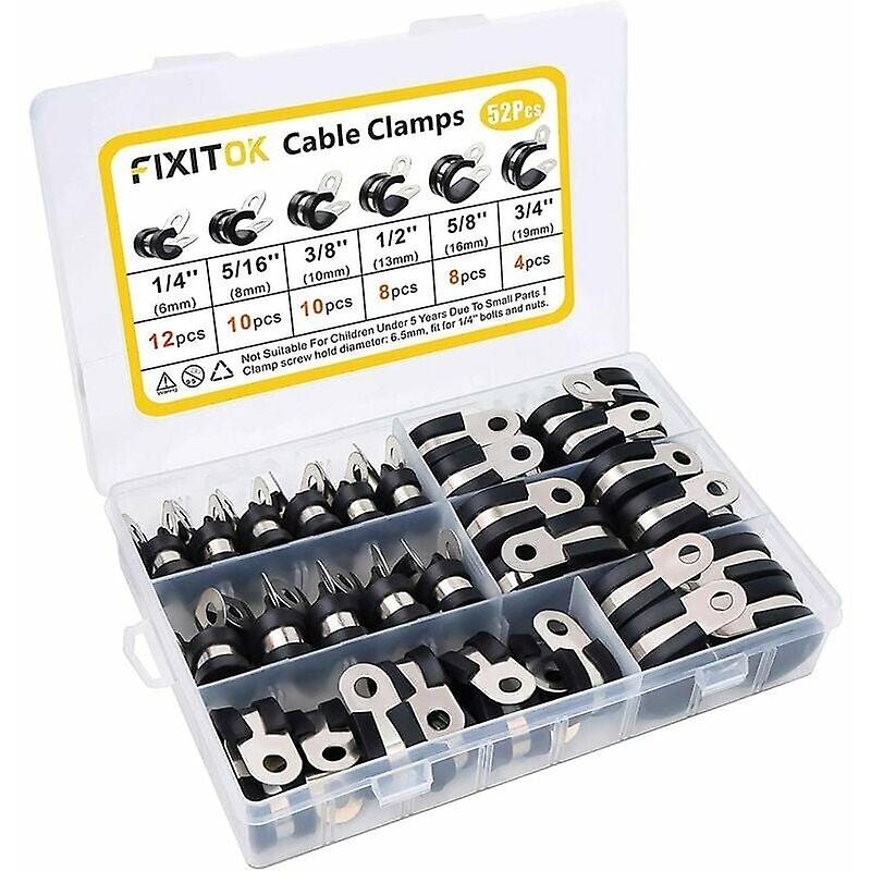 52 Pieces Rubber Hose Clamp P Clips Pipe Clamps Stainless Steel Clamps Rubber Cushion Clamps 6 Sizes 1/4"5/16" 3/8"1/2" 5/8"3/4"