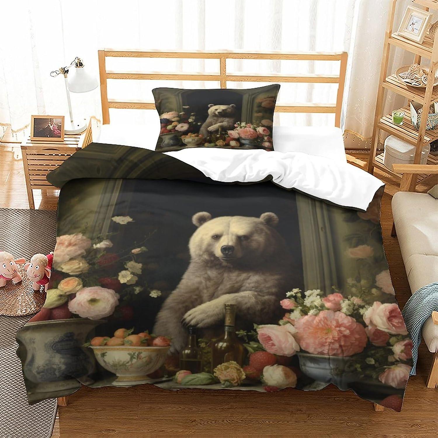 Bloem En Panda Beddengoed Set 3D Anime Dekbedovertrek Set, Zachte 100% Microvezel Bed Set 2 stuks, Print Enkel Dubbel King Size Microvezel Dekbedovertrek Set wit